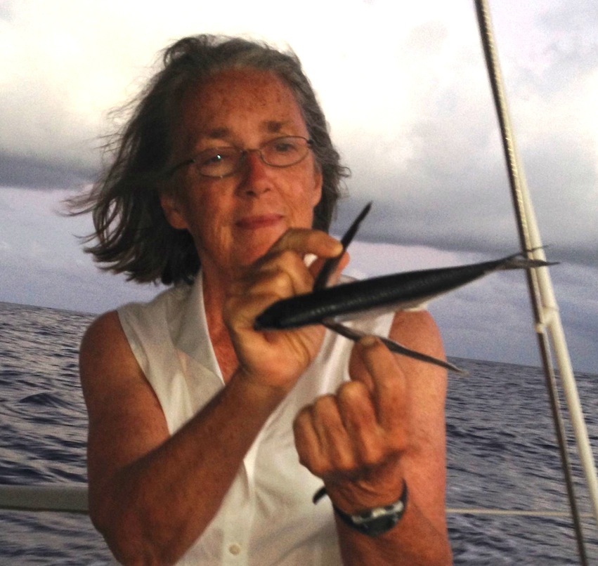 10. Anne with one of many flying fish that were found some mornings on Joyful's decks.