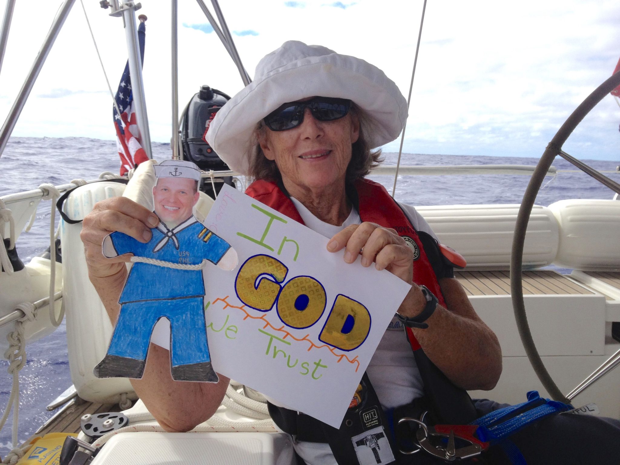 13. Anne and Flat Mr. Davis opened a custom made card made by a kind student from Round Hill Elementary School. The students made us a huge packet of cards to open at sea throughout the circumnavigation! Thank you!  We love you!