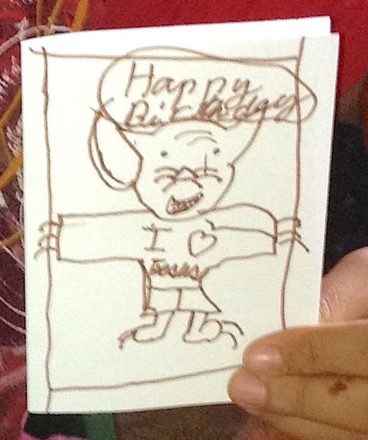 146. This is the wonderful artwork the nice Tongan lad made for a birthday card for someone special. It is of a tiger wearing trousers and a tee shirt saying, %22I love Jesus%22.